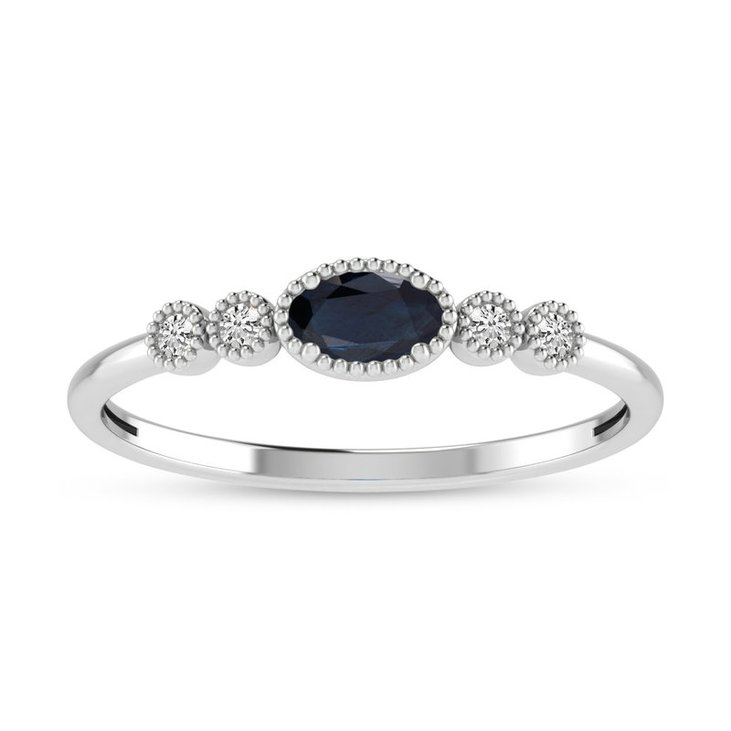 American Jewelry 10k White Gold Oval Blue Sapphire & .06ctw Diamond Ladies Birthstone Ring (Size 6.5)