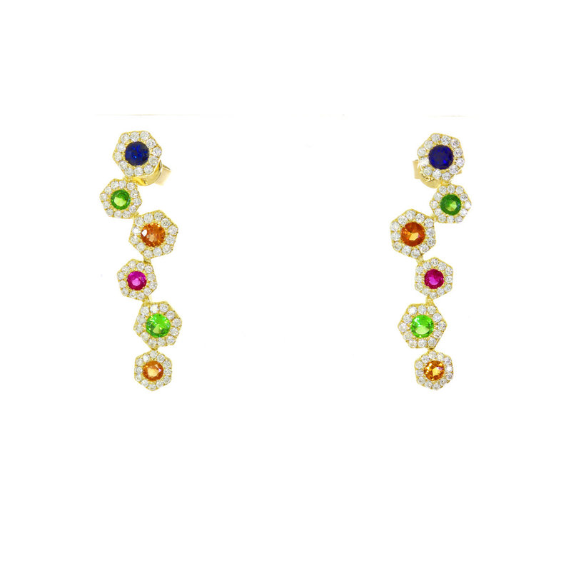 American Jewelry 14k Yellow Gold .72ctw Rainbow Sapphire & .50ctw Diamond Hexagon Zigzag Earrings