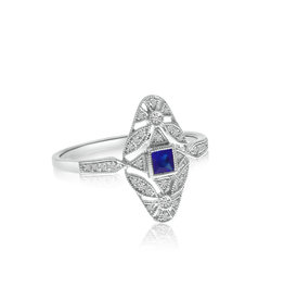 American Jewelry 14k White Gold .20ct Blue Sapphire & .13ctw Diamond Filigree Vintage Style Ladies Ring (Size 7)
