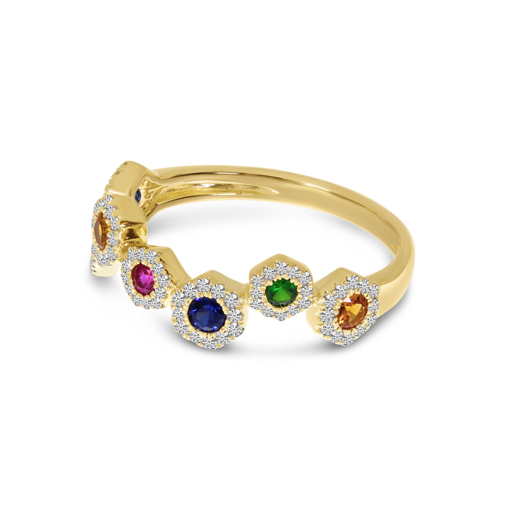 American Jewelry 14k Yellow Gold .46ctw Rainbow Sapphire & .30ctw Diamond Hexagon Zigzag Ladies Ring (Size 7)