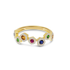 American Jewelry 14k Yellow Gold .46ctw Rainbow Sapphire & .30ctw Diamond Hexagon Zigzag Ladies Ring (Size 7)