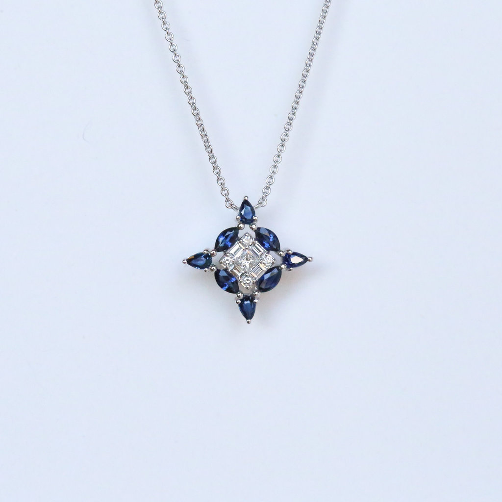 American Jewelry 14K White Gold 0.67ctw Sapphire & 0.16ctw Diamond Necklace (16")