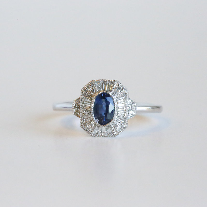 American Jewelry 14K White Gold 0.65ctw Sapphire & 0.25ctw Diamond Baguette Halo Ring (Size 7)