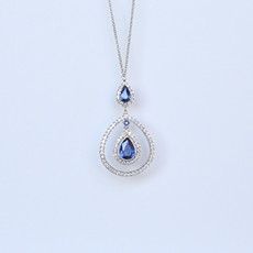 American Jewelry 14K White Gold 1.80ctw Sapphire & 0.70ctw Diamond Pear Halo Station Necklace (16")