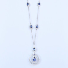 American Jewelry 14K White Gold 1.80ctw Sapphire & 0.70ctw Diamond Pear Halo Station Necklace (16")