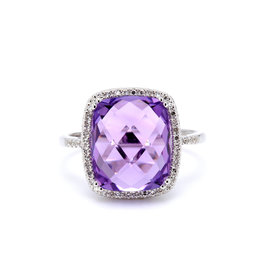 American Jewelry 14k White Gold 5.50ct Checkerboard Amethyst & .13ctw Diamond Halo Ladies Ring (Size 6.5)