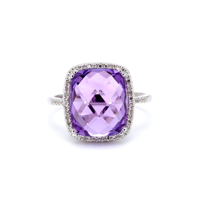 American Jewelry 14k White Gold 5.50ct Checkerboard Amethyst & .13ctw Diamond Halo Ladies Ring (Size 6.5)