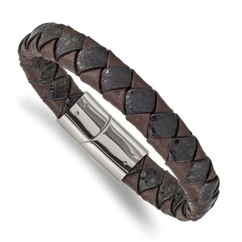 American Jewelry Stainless Steel Black & Brown Braided Leather Gents Bracelet (8")