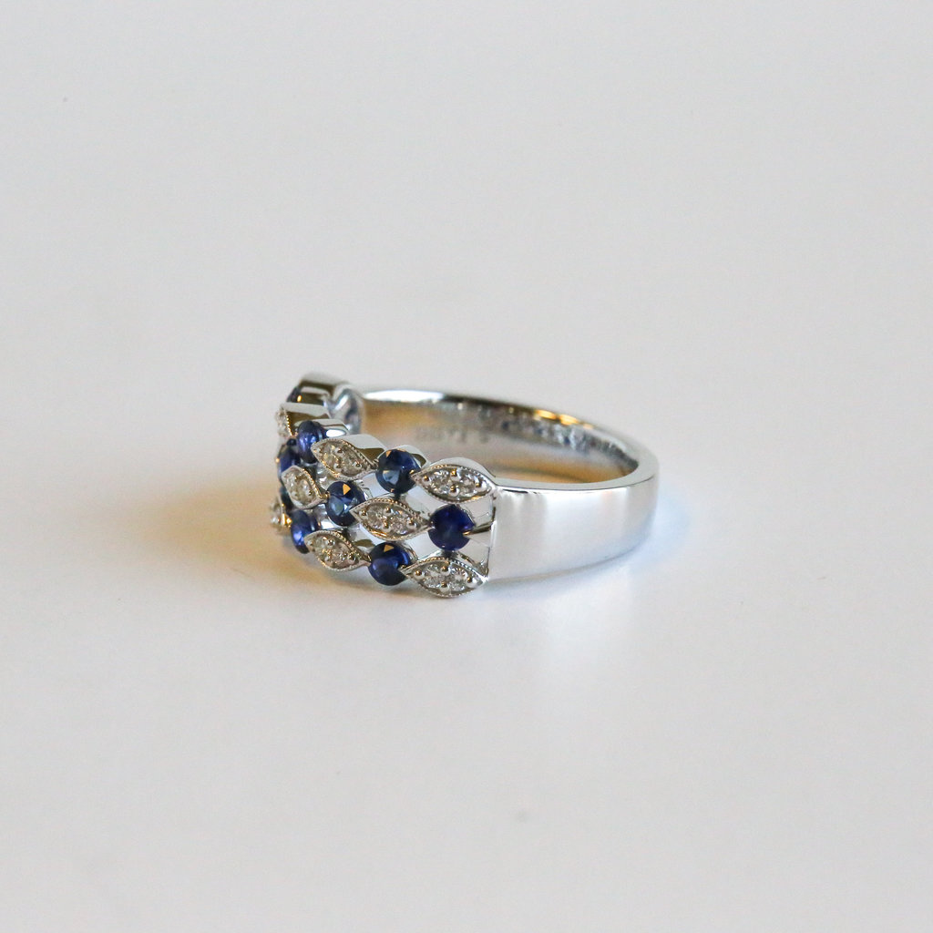 American Jewelry 14K White Gold 0.74ctw Sapphire & 0.20ctw Diamond Triple Row Ring (Size 7)