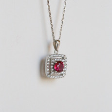 American Jewelry 14K White Gold 0.50ct Ruby & 0.40ctw Diamond Double Halo Necklace (18")