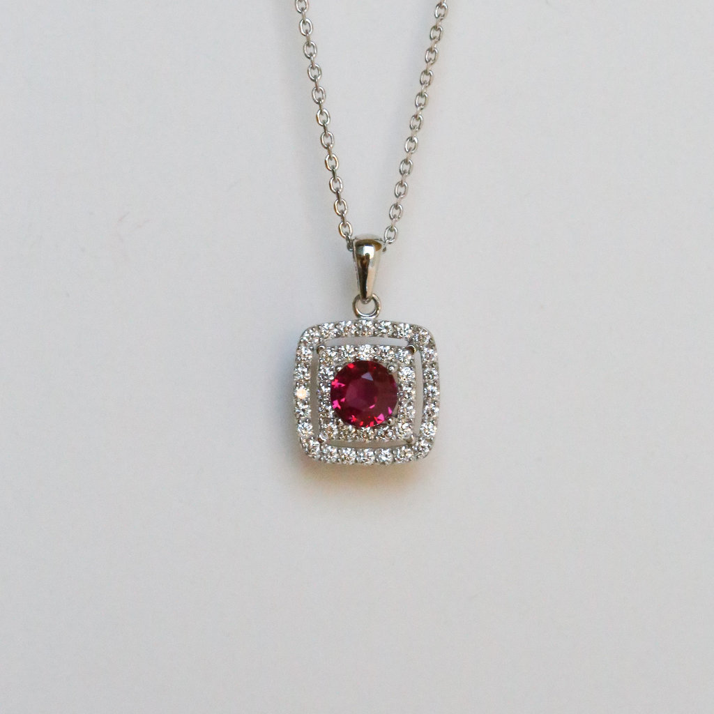 American Jewelry 14K White Gold 0.50ct Ruby & 0.40ctw Diamond Double Halo Necklace (18")
