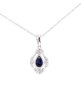 American Jewelry 14k White Gold .27ct Pear Blue Sapphire & .06ctw Diamond Pendant