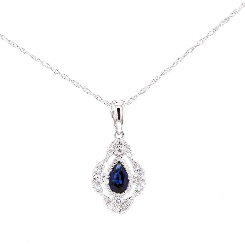 American Jewelry 14k White Gold .27ct Pear Blue Sapphire & .06ctw Diamond Pendant