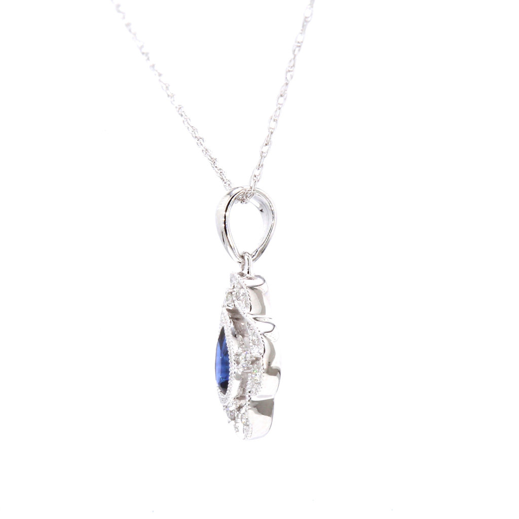 American Jewelry 14k White Gold .27ct Pear Blue Sapphire & .06ctw Diamond Pendant