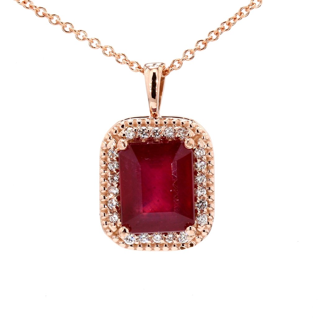 American Jewelry 14k Rose Gold 10x8 Emerald Cut Lead Treated Ruby & 1/4ctw Diamond Halo Pendant