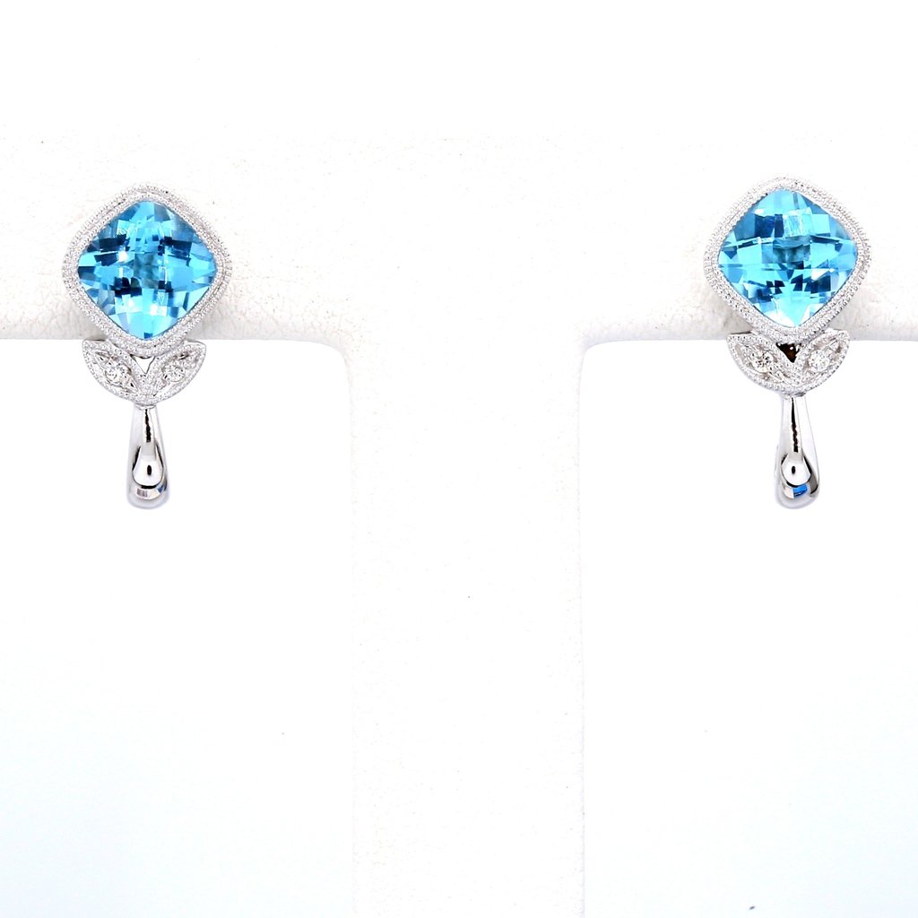 American Jewelry 14k White Gold 1.8ctw Cushion Blue Topaz & .02ctw Diamond Earrings