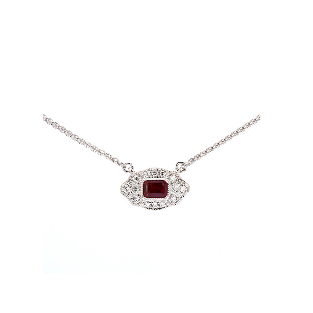 American Jewelry 14k White Gold .25ct Bezel Ruby & .09ctw Diamond Necklace