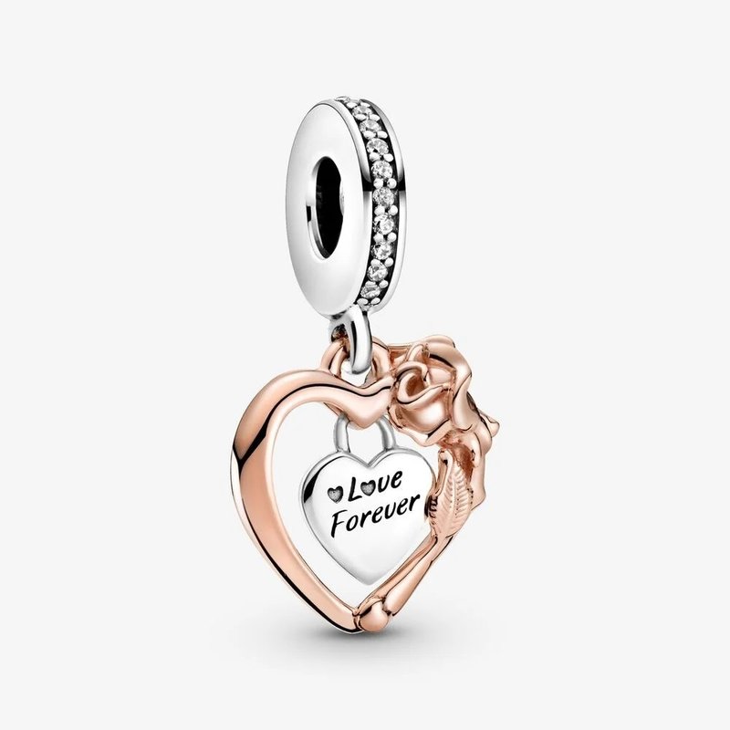 Pandora PANDORA Rose Charm, Heart & Rose Flower, Clear CZ