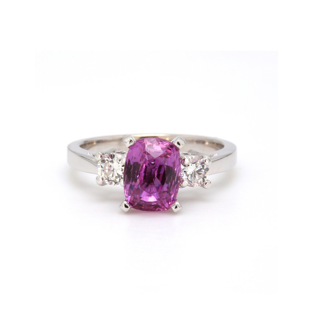 American Jewelry 14k White Gold 2.74ct Cushion Pink Sapphire & .42ctw Diamond 3 Stone Ladies Ring (Size 6.5)
