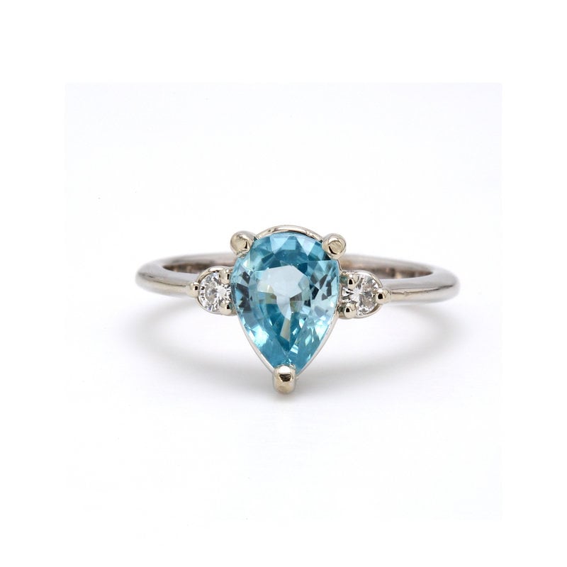American Jewelry 14k White Gold 2.21ct Pear Blue Zircon & .10ctw Diamond 3 Stone Ring (Size 6.5)