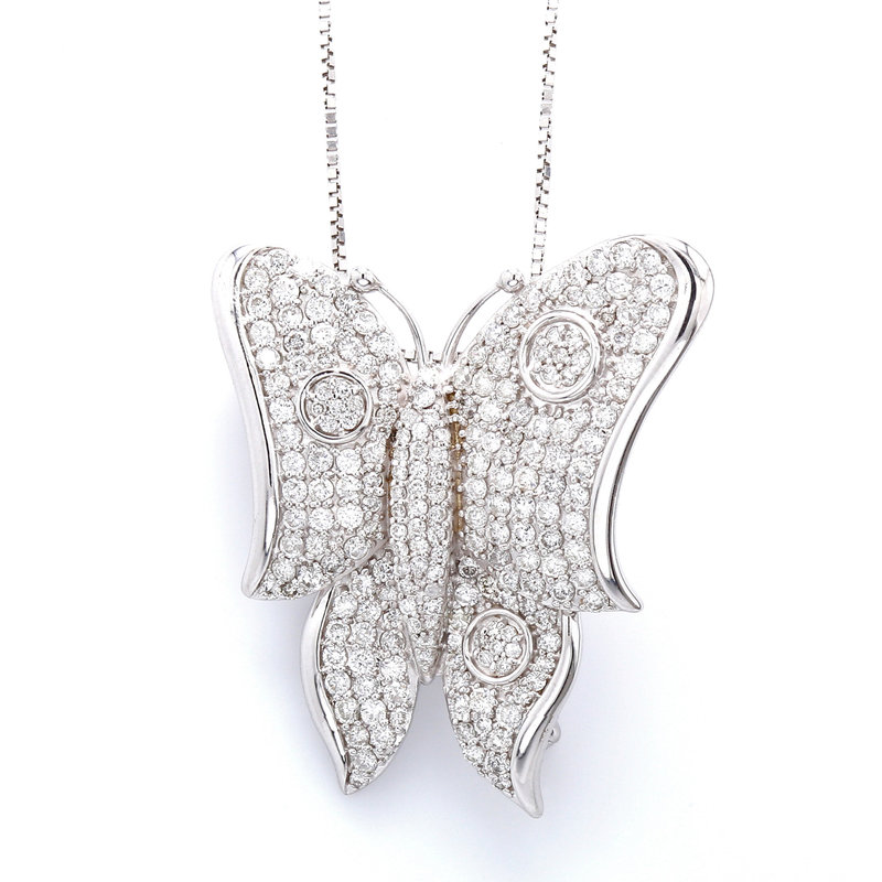 American Jewelry 18k White Gold 3ctw Diamond Butterfly Pendant / Brooch with 14k Box Chain