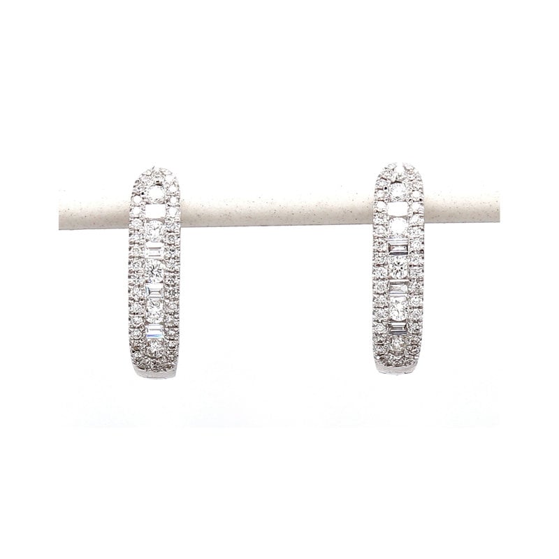 American Jewelry 18k White Gold .60ctw Round & Baguette Diamond Hoop Earrings