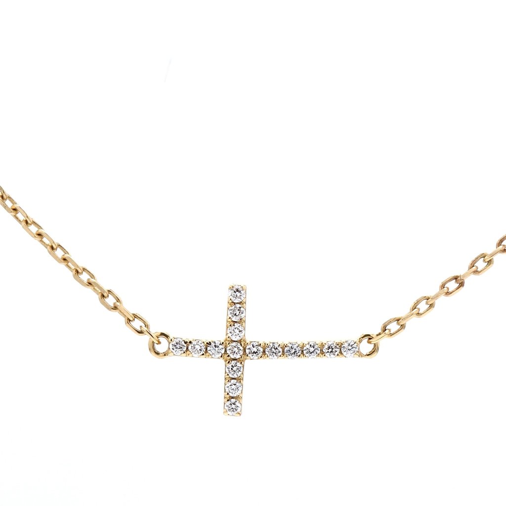 American Jewelry 14k Yellow Gold .11ctw Diamond Sideways Cross Necklace