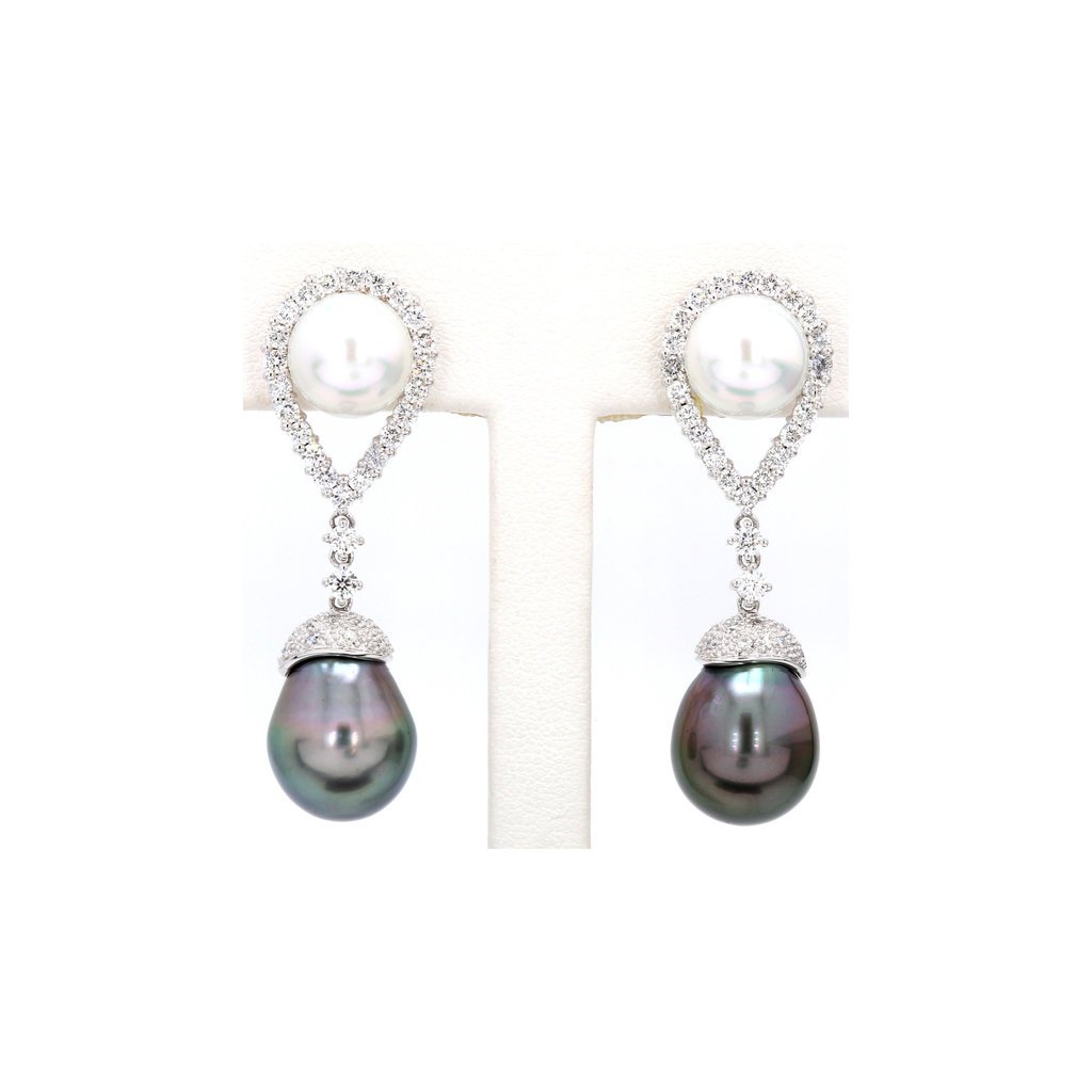 American Jewelry 14k White Gold South Sea & Black Tahitian Pearl with 1.52ctw Diamond Dangle Earrings