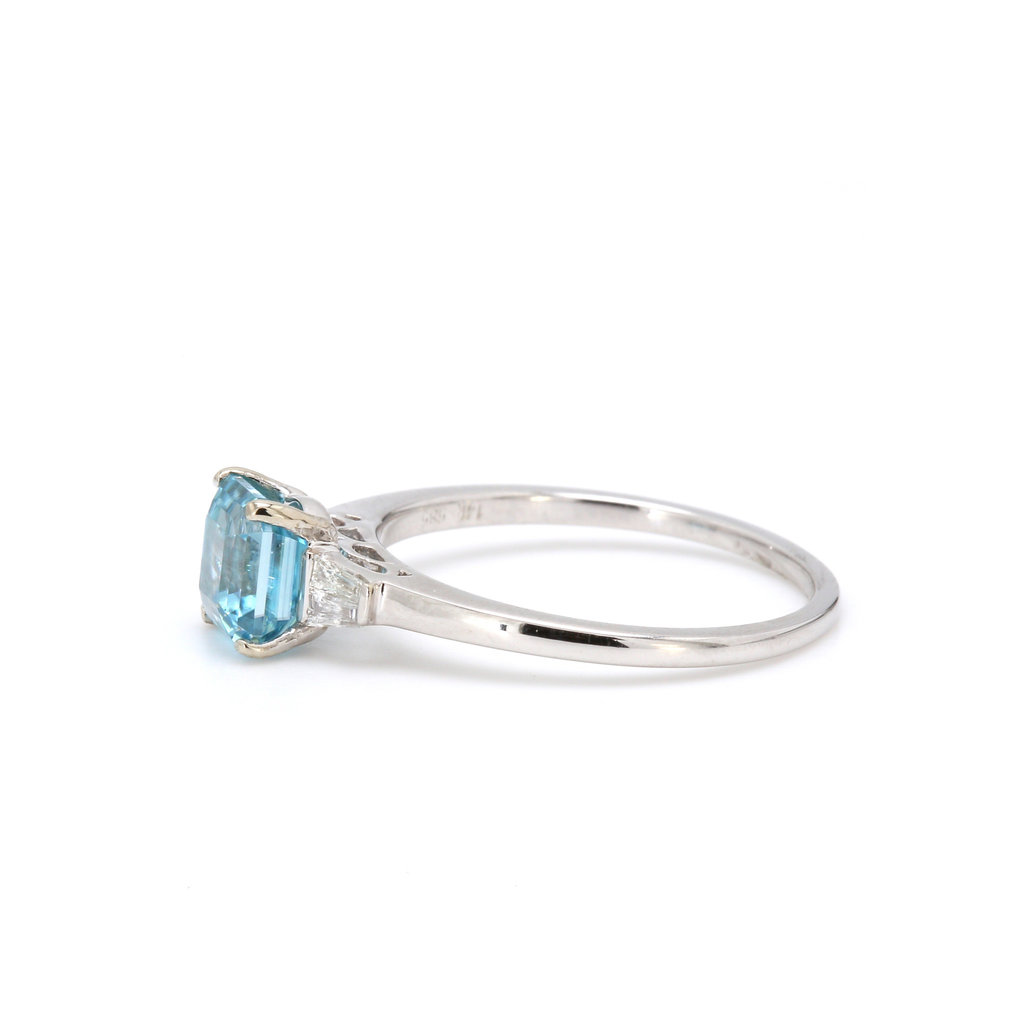 American Jewelry 14k White Gold 2.12ct Asscher Cut Blue Zircon & .15ctw Baguette Diamond Ladies Ring (Size 6.5)