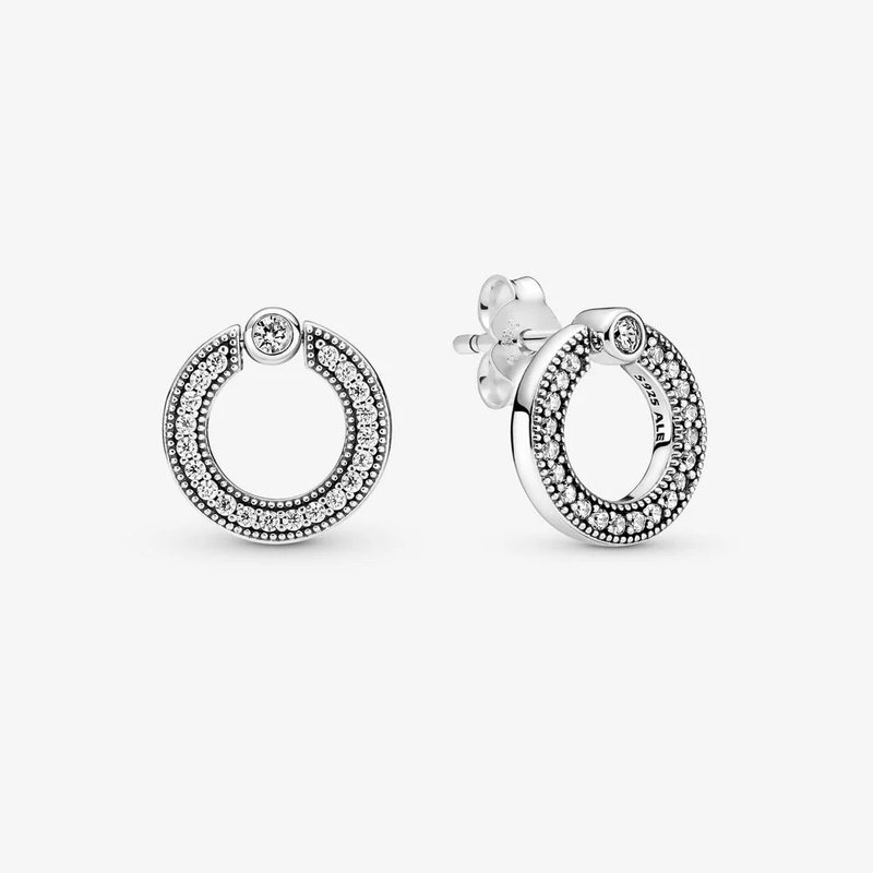 Pandora PANDORA Stud Earrings, Reversible Pave' & Logo Circle, Clear CZ