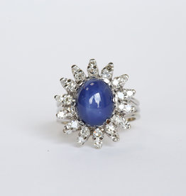 American Jewelry 14K White Gold Vintage Star Sapphire AA & 1/2ctw Diamond Halo Ring (Size 5)