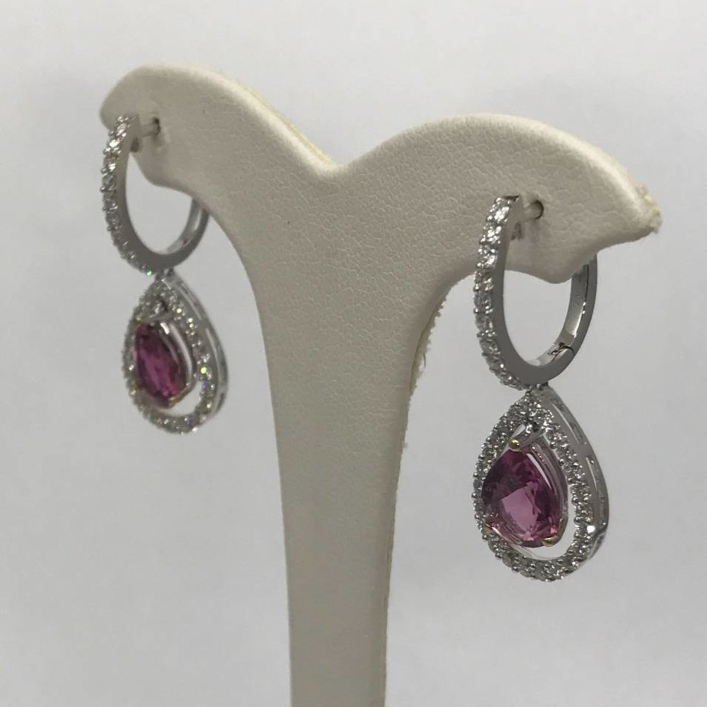 American Jewelry 18k White Gold 2.86ctw Pear Pink Tourmaline & 1.01ctw Diamond Halo Dangle Earrings