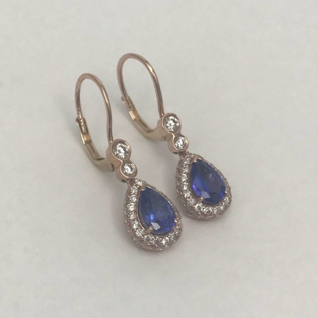 American Jewelry 14k Rose Gold 1.48ctw Pear Tanzanite & .87ctw Diamond Dangle Halo Earrings