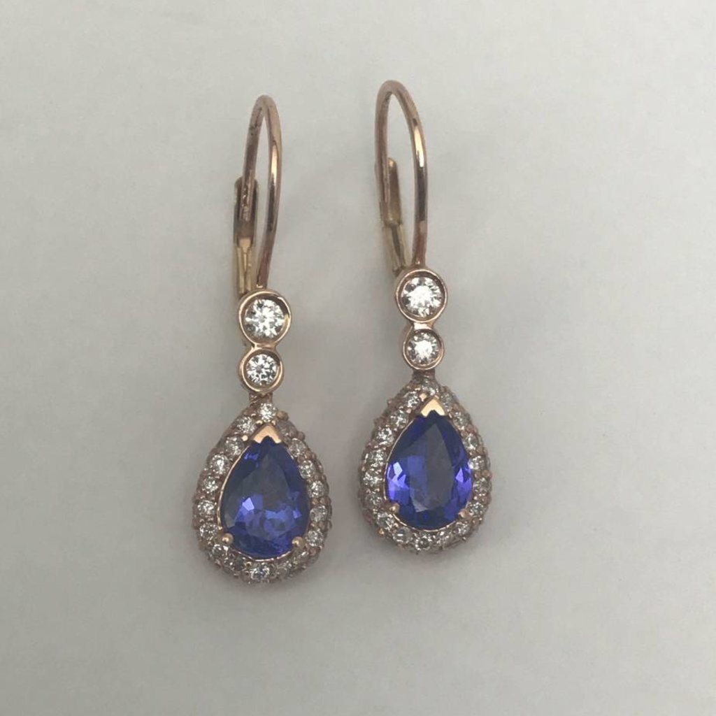 American Jewelry 14k Rose Gold 1.48ctw Pear Tanzanite & .87ctw Diamond Dangle Halo Earrings