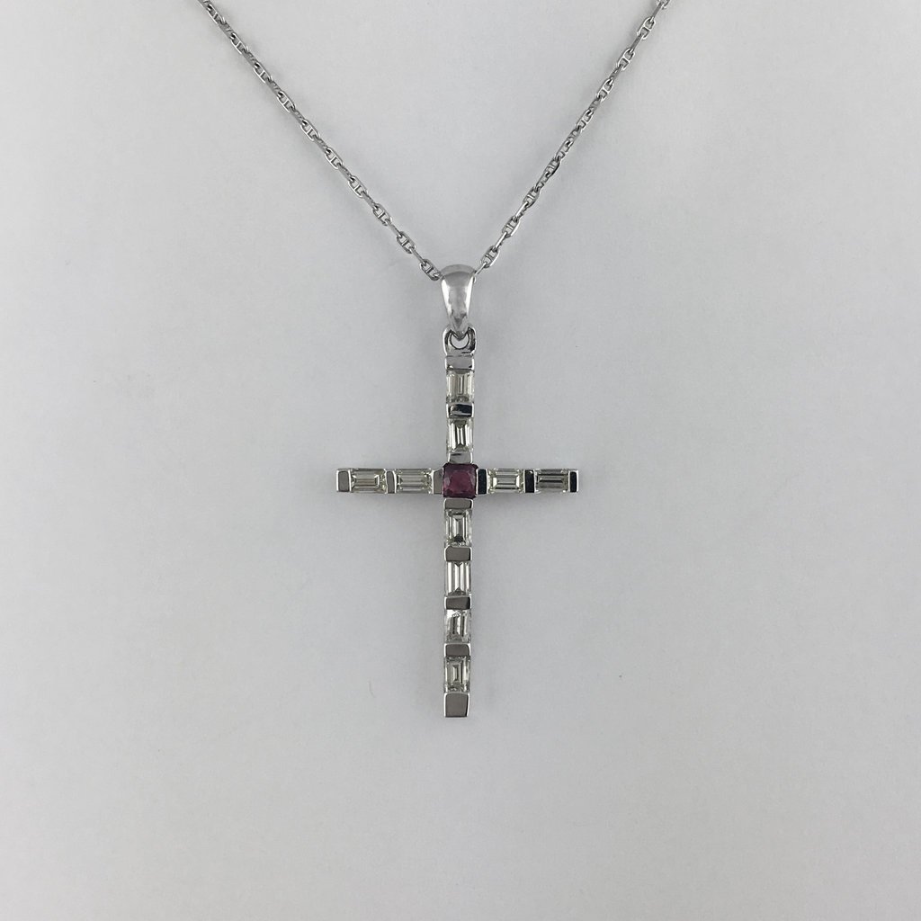 14k White Gold 1ctw Diamond Baguette & Ruby Cross Pendant Necklace