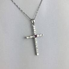 14k White Gold 1ctw Diamond Baguette & Ruby Cross Pendant Necklace