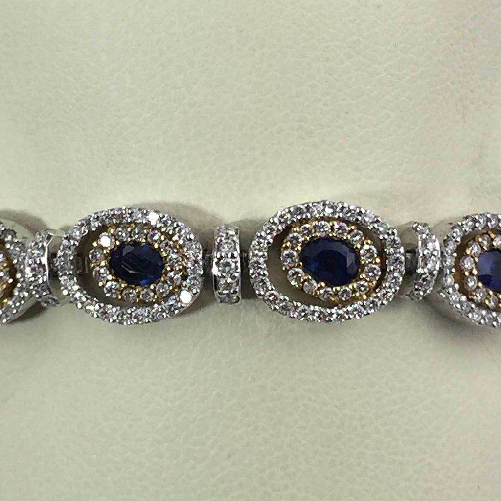 American Jewelry 18k Two Tone 3ctw Diamond 3.5ctw Natural Sapphire Micro Halo Tennis Bracelet