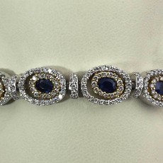 American Jewelry 18k Two Tone 3ctw Diamond 3.5ctw Natural Sapphire Micro Halo Tennis Bracelet