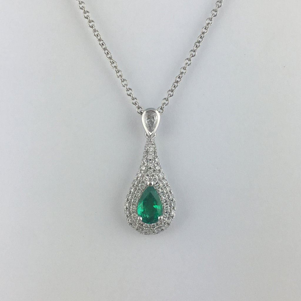 14k White Gold .44ct Pear Cut Emerald & 1/2ctw Diamond Pave Drop Pendant Necklace