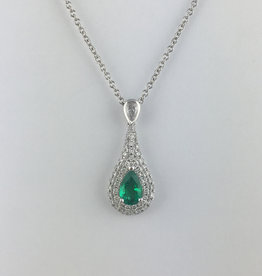 14k White Gold .44ct Pear Cut Emerald & 1/2ctw Diamond Pave Drop Pendant Necklace