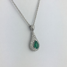 14k White Gold .44ct Pear Cut Emerald & 1/2ctw Diamond Pave Drop Pendant Necklace