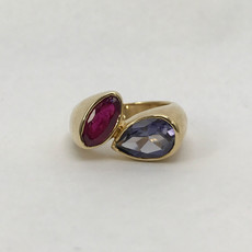 American Jewelry 14k Yellow Gold Pear Iolite & Oval Pink Tourmaline Ladies Custom Ring (Size 6.5)