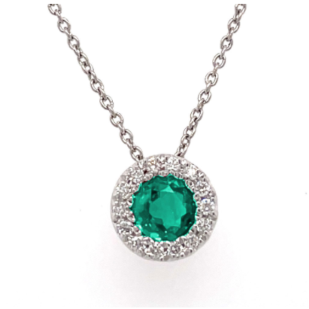 American Jewelry 14K White Gold .31ct Emerald & Diamond Halo Necklace (14-18" Adjustable)