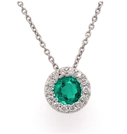 American Jewelry 14K White Gold .31ct Emerald & Diamond Halo Necklace (14-18" Adjustable)