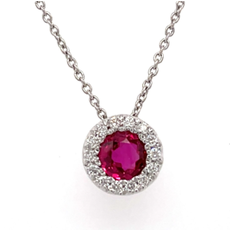 American Jewelry 14K White Gold .36ct Ruby & Diamond Halo Necklace (14-18" Adjustable)
