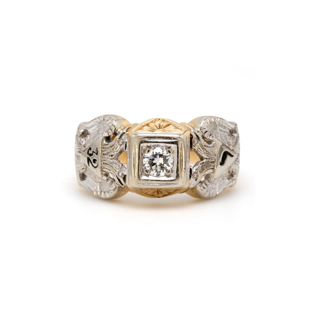 American Jewelry 14k Yellow & White Gold Estate 32 Degree Masonic Gents Ring (Size 9)