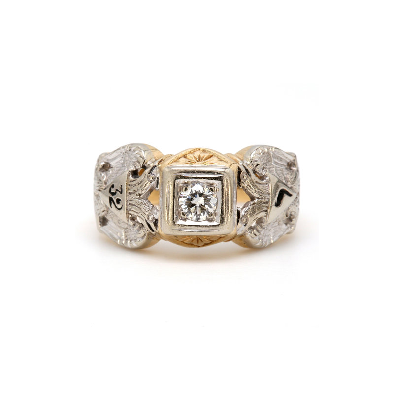American Jewelry ESTATE 14k Yellow & White Gold Estate 32 Degree Masonic Gents Ring (Size 9)