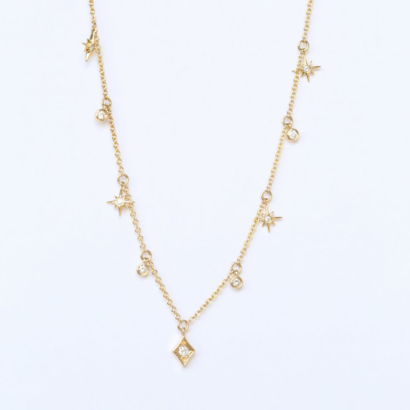 American Jewelry 14K Yellow Gold .20ctw Diamond Bezel Dangle Starburst Station Necklace (18-20")