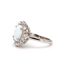 American Jewelry 14k White Gold Oval Created Opal & 1/3ctw Diamond Halo Ladies Ring (Size 4)
