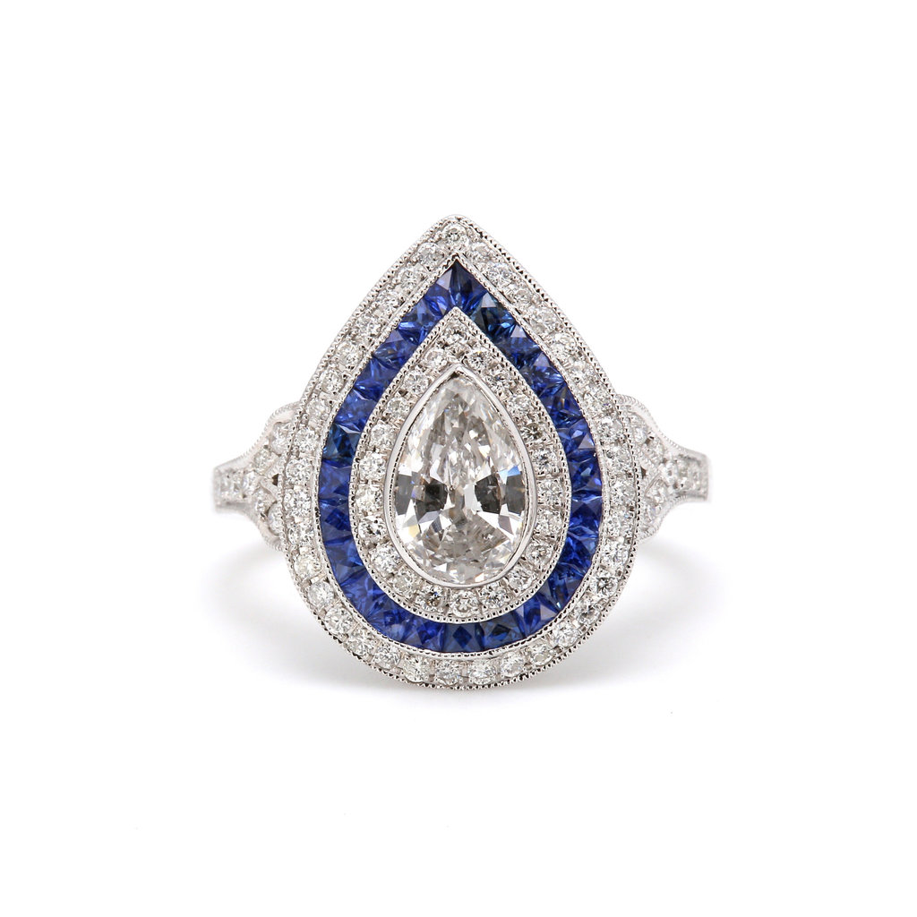 American Jewelry 14k White Gold .76ct E/SI2 GIA Pear Diamond with .69ctw Sapphire & .40ctw Diamond Ladies Ring (Size 6)